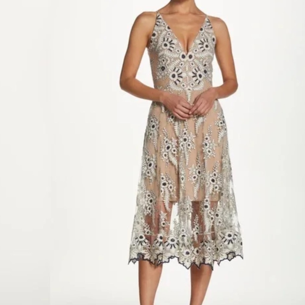 Dress the Population Nude Midi Dress with White Lace Embroidery